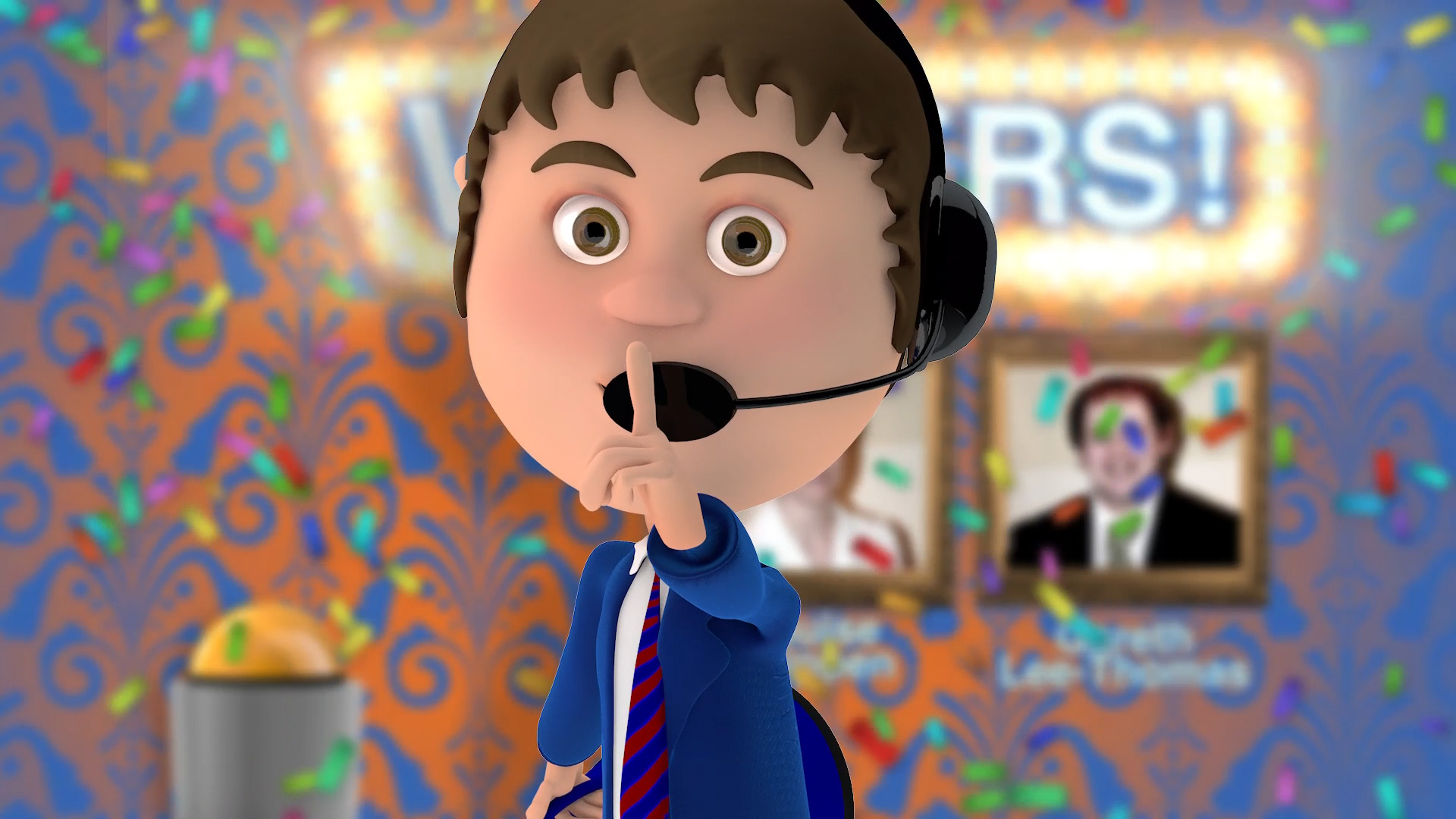 3D animated character in a blue suit and headset making a shushing gesture against a colourful confetti background