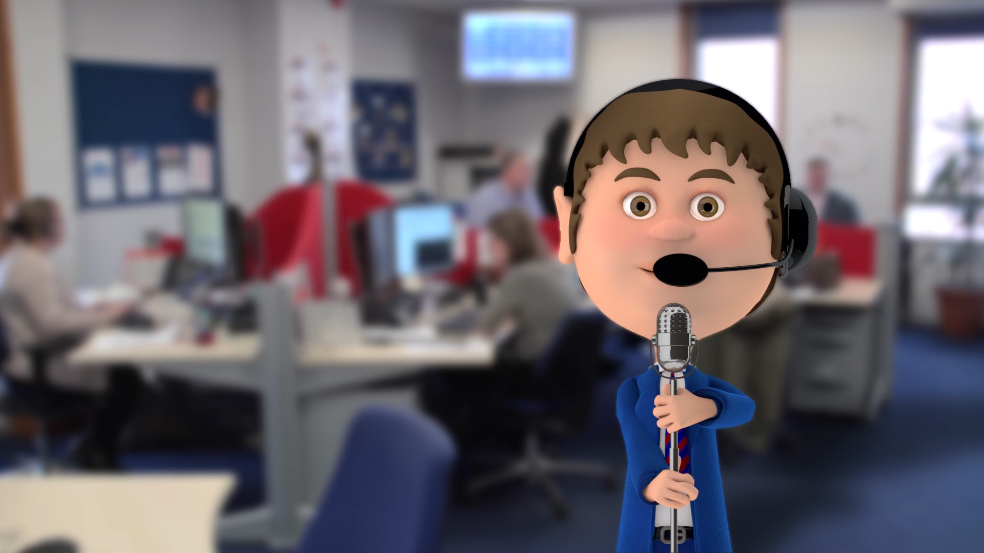 3D cartoon character in a suit holding a microphone in front of an office environment with people working at desks