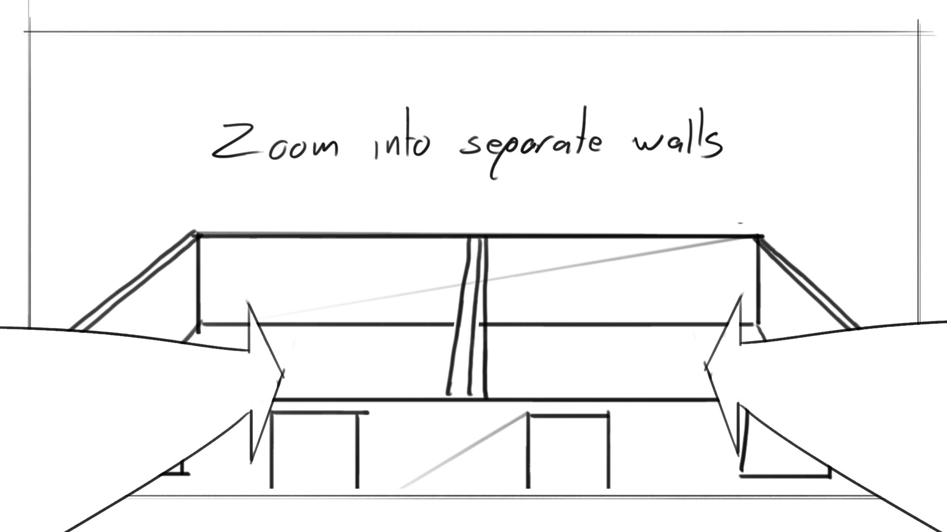Hand‑drawn perspective sketch of a rectangular room with arrows pointing to the left and right walls, indicating a zoom‑in or detailed focus on each wall