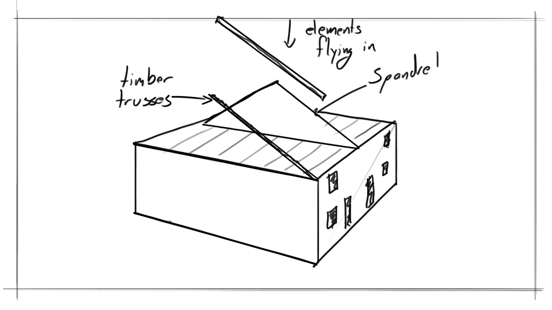 Technical sketch showing a helical tie inserted horizontally through external brickwork, illustrating masonry reinforcement or structural connection