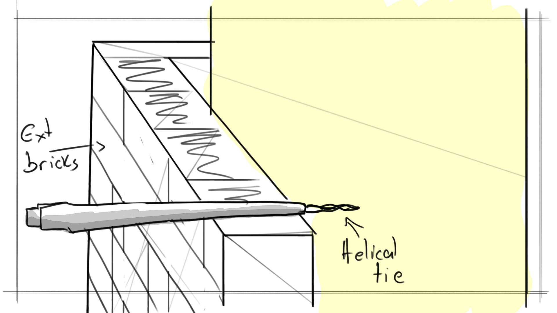 Hand‑drawn building sketch showing timber trusses, spandrel panels, and structural elements being positioned above a pitched roof
