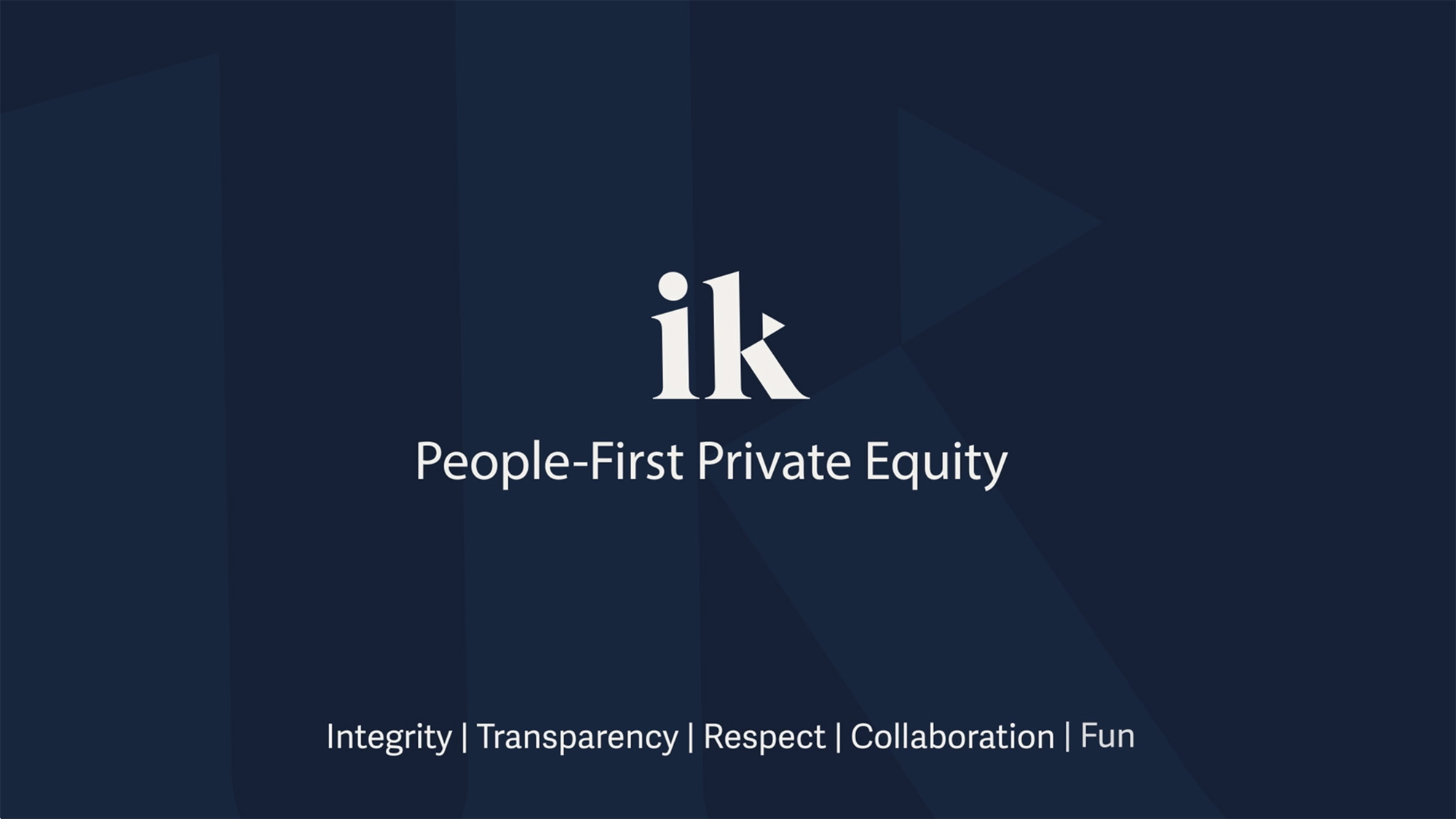 A dark blue branded graphic featuring the IK Partners logo, the phrase “People‑First Private Equity,” and a list of company values including integrity, transparency, respect, collaboration and fun