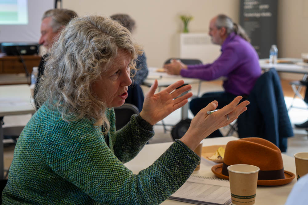 Rachael Carley gesturing while speaking during a group discussion in a meeting room