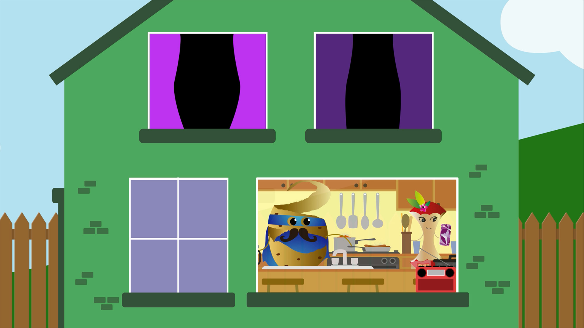 Cartoon kitchen scene with anthropomorphic food characters cooking inside a green house