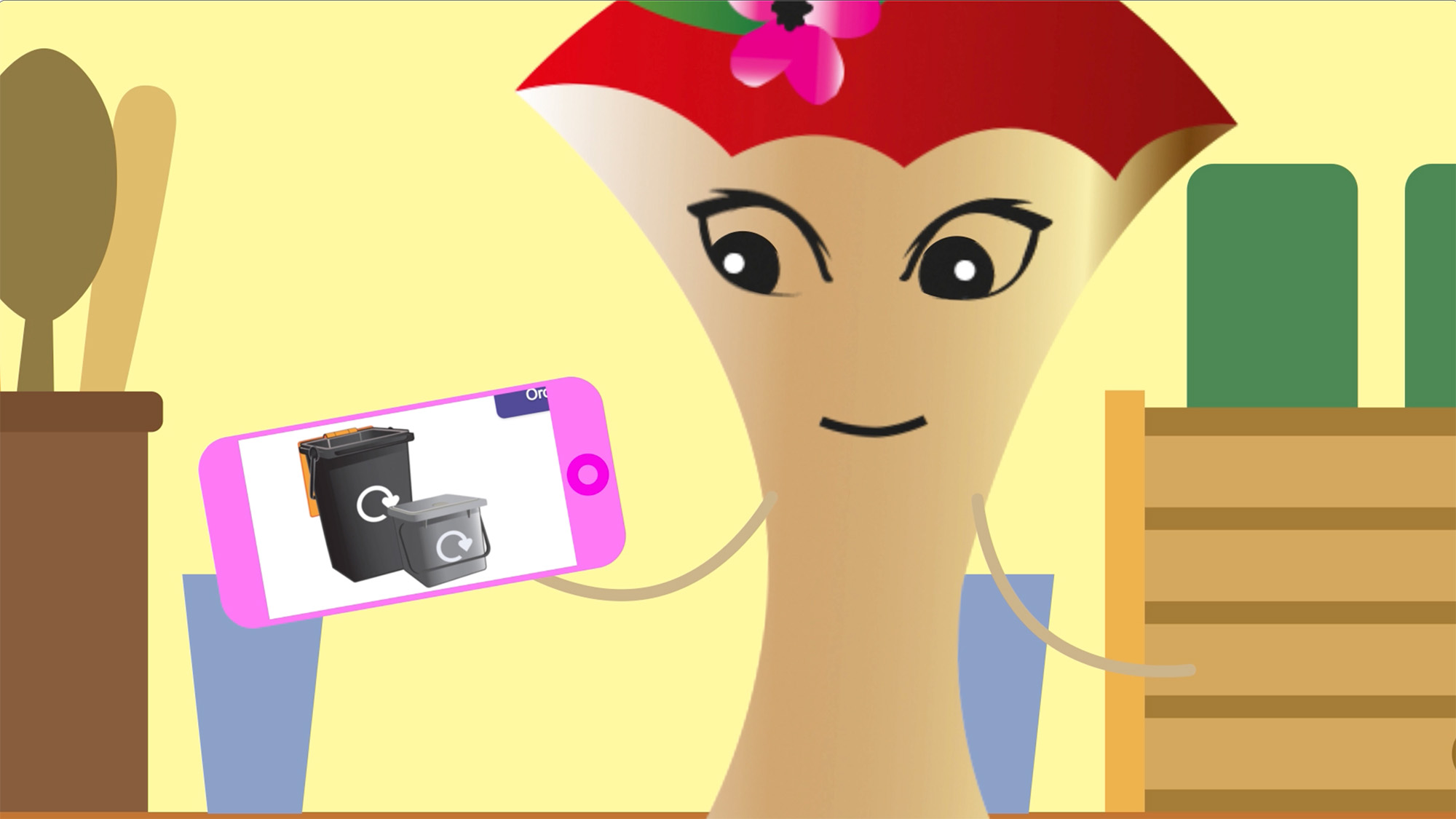 Cartoon character viewing recycling bins on smartphone screen in indoor setting