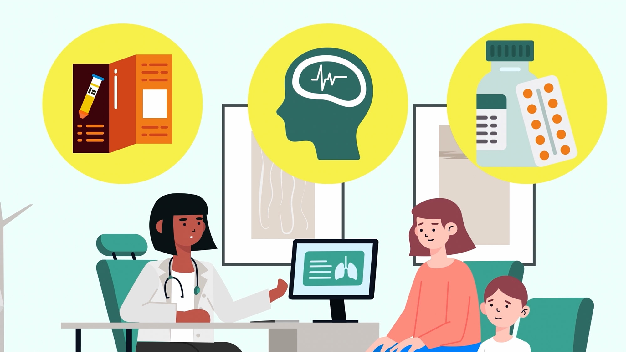An illustrated medical consultation where a clinician discusses health information with an adult and child, supported by icons representing learning, wellbeing and medication