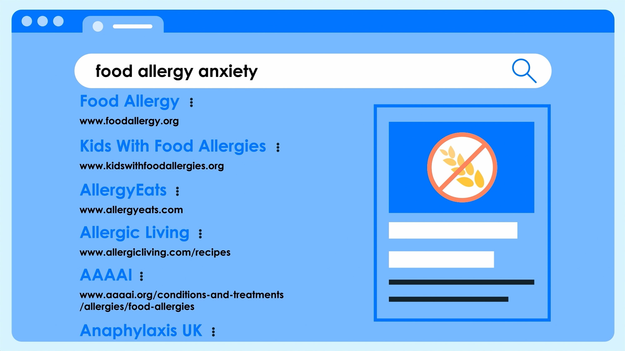 A stylised browser window showing search results for “food allergy anxiety,” alongside a symbol of wheat crossed out to represent food allergies