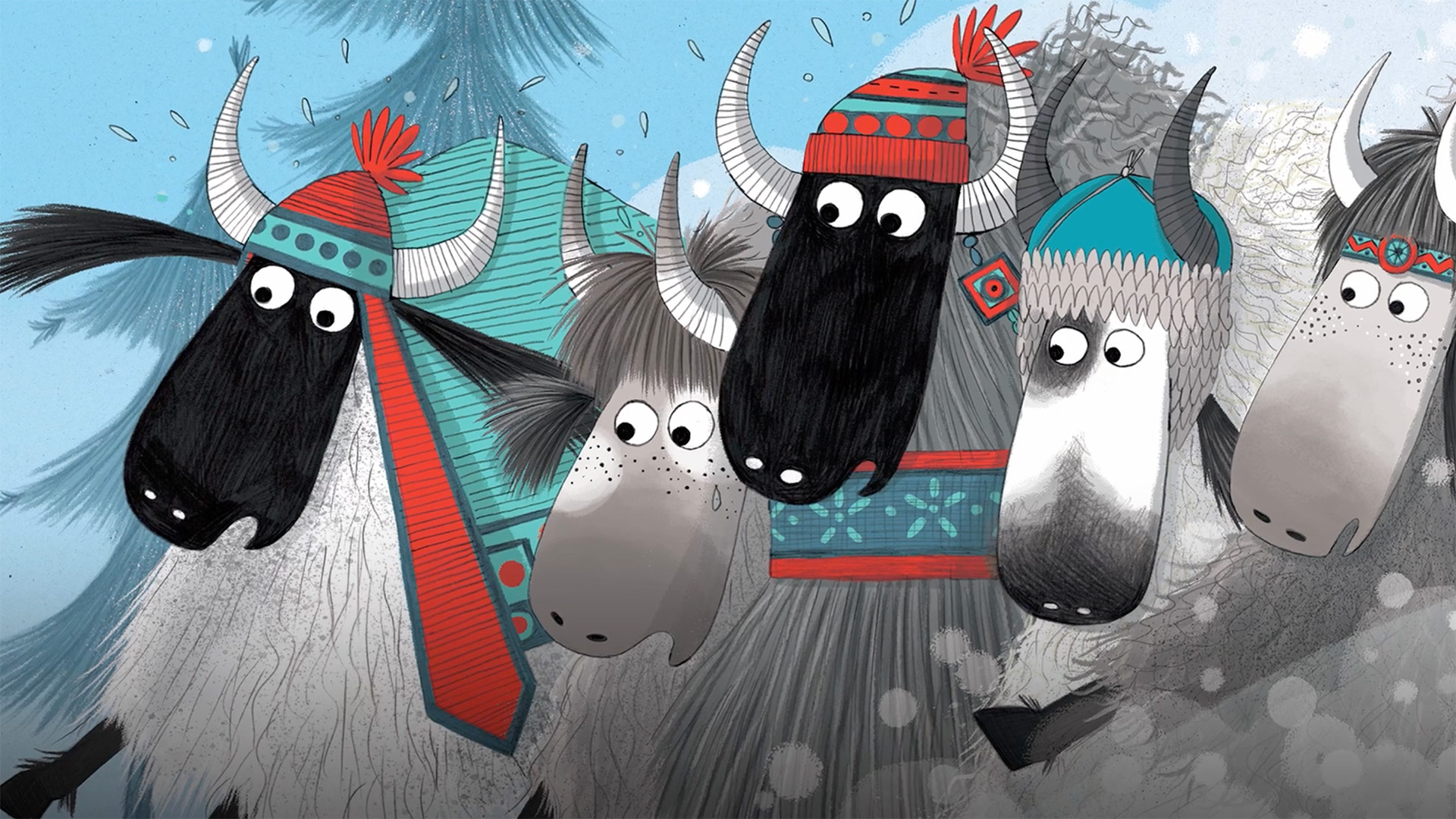 Three cartoon yaks wearing colourful winter hats and scarves against a snowy blue background