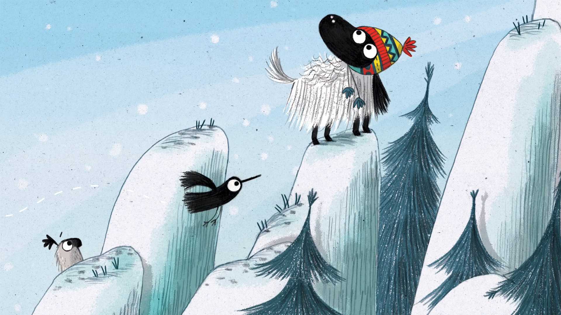 Cartoon Yak in a colourful knitted hat standing on a snowy mountain with a bird flying nearby