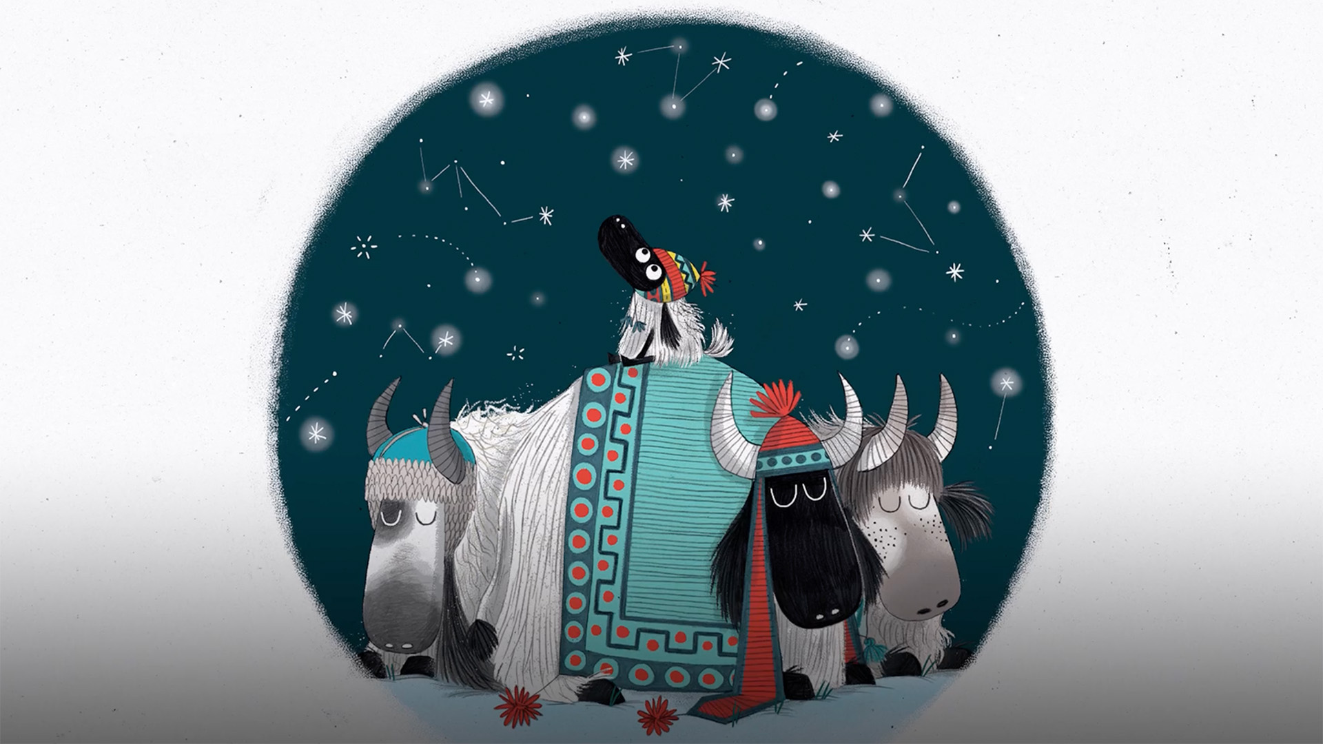 Group of cartoon yaks in patterned winter clothing looking up at constellations in a starry night sky