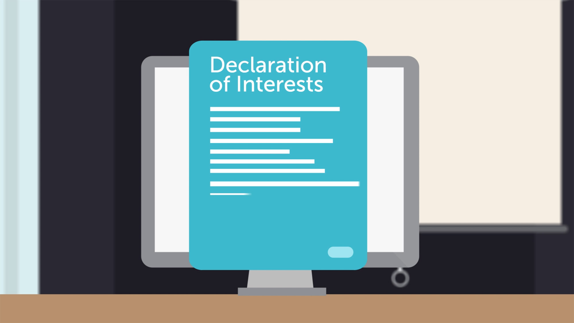 Monitor showing a blue Declaration of Interests document in an office workspace