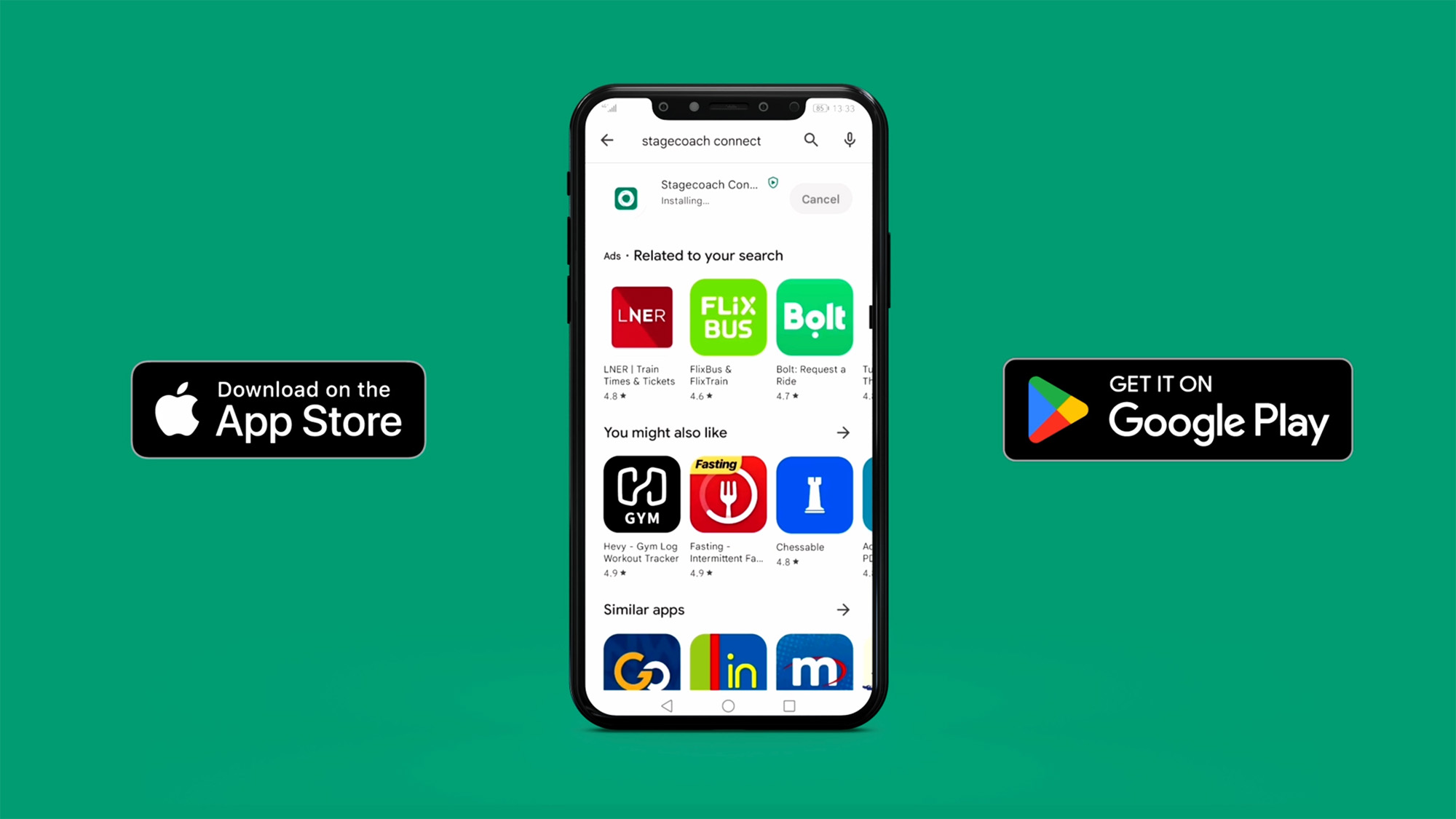 Smartphone displaying an app store with The App Store logo and Google Play logo