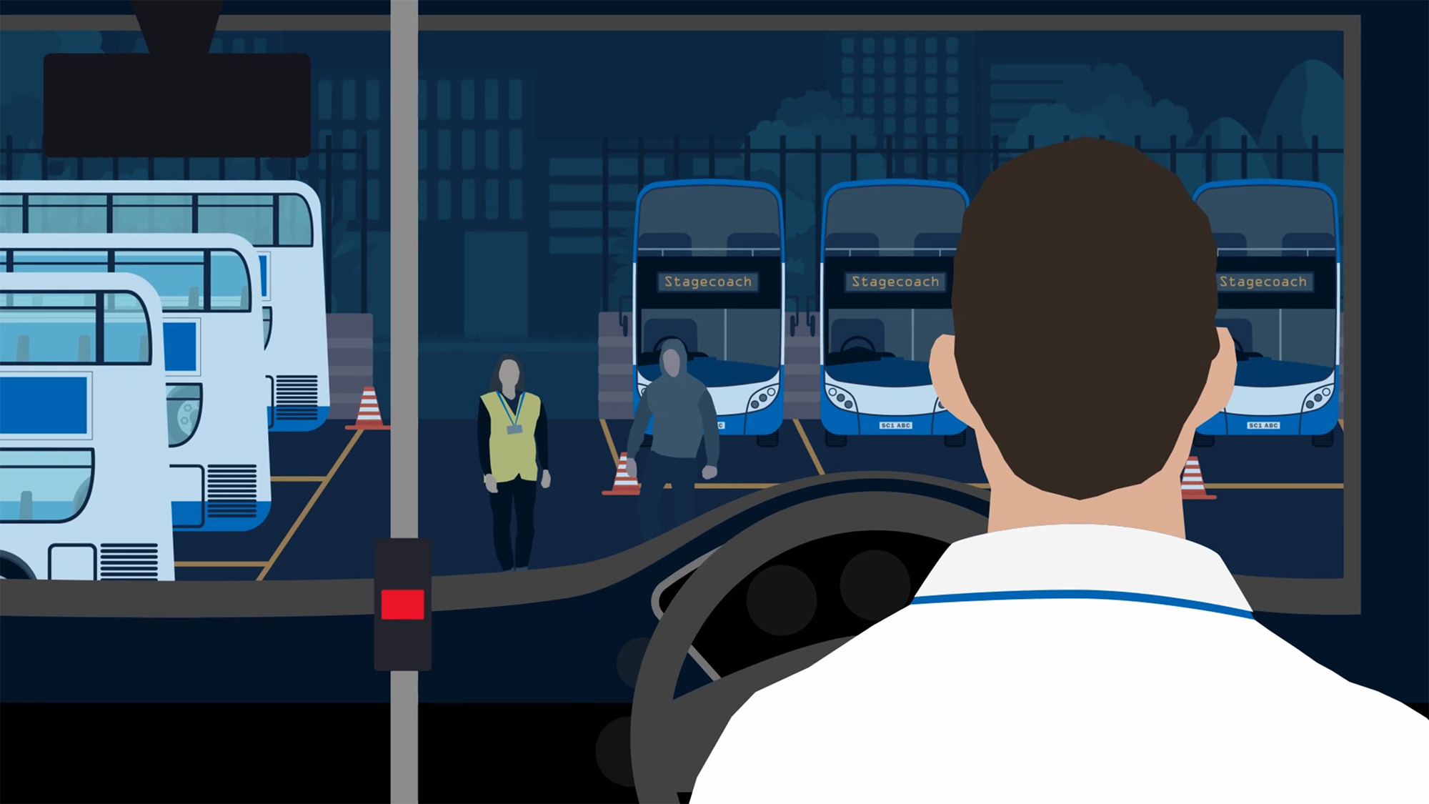 Illustrated view from inside a bus looking out at staff and parked Stagecoach buses at night