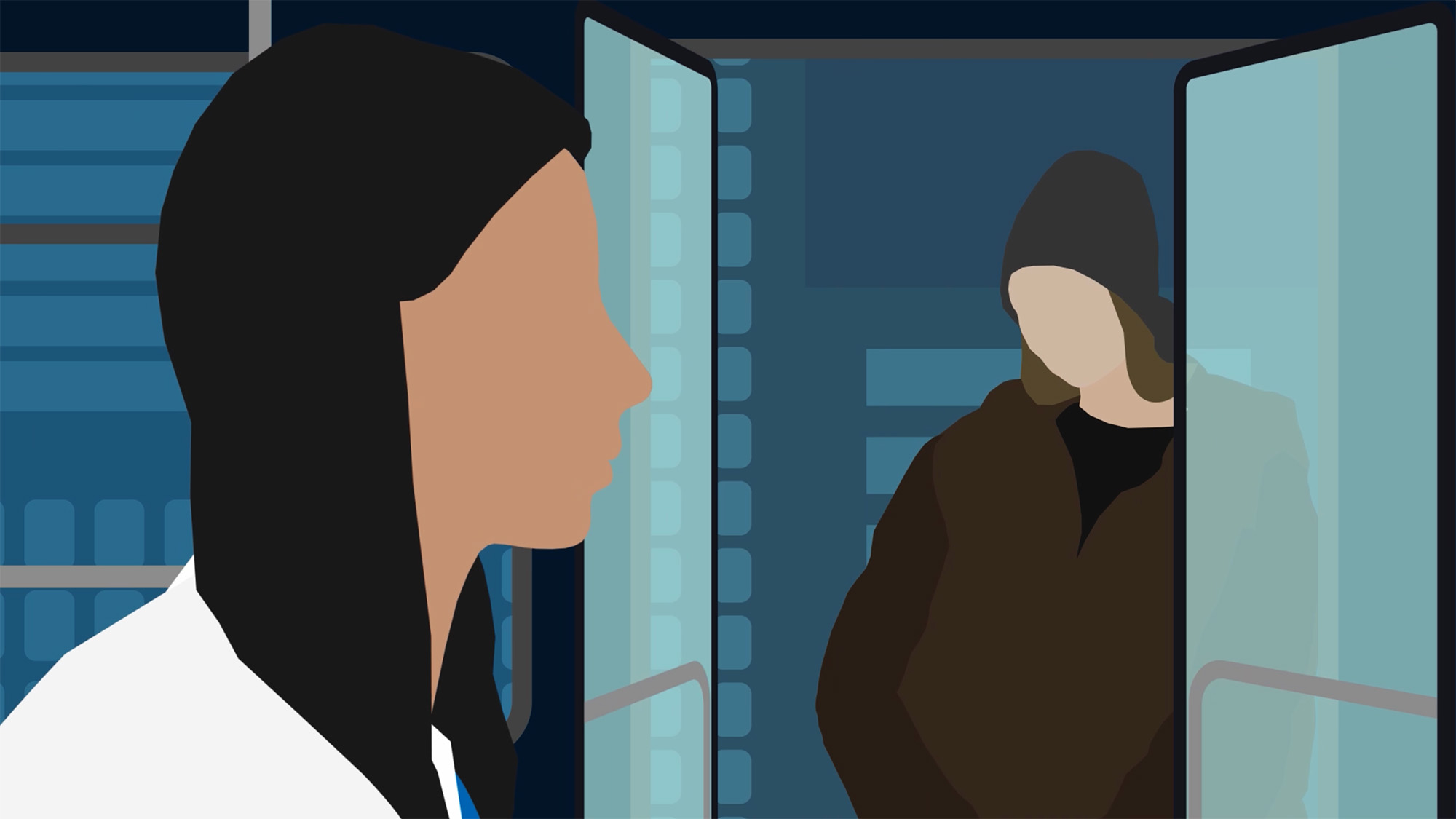 Stylised illustration of two people facing each other in a doorway with blue lighting