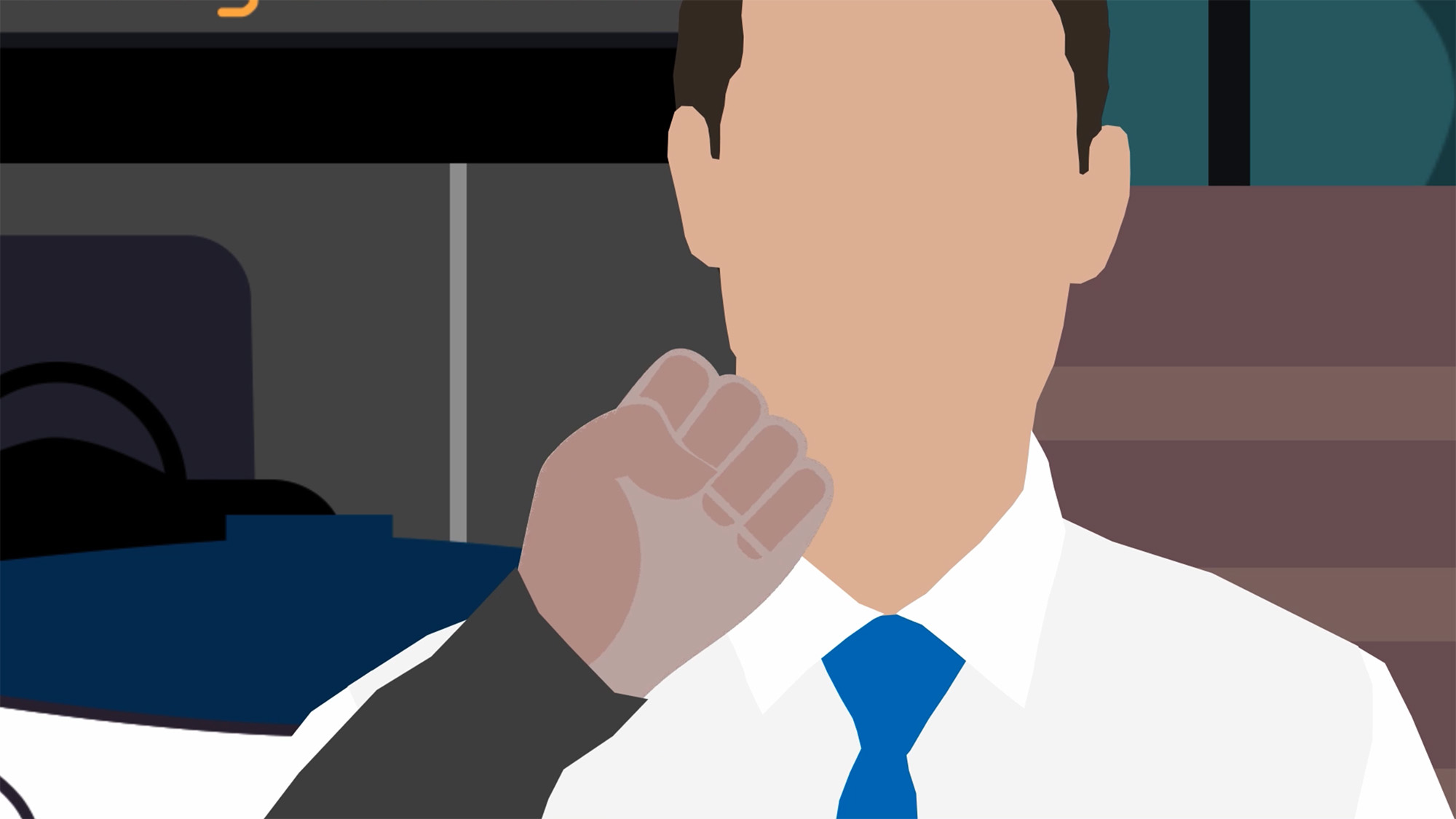 Minimalist illustration of a person in a shirt and tie with a raised fist in front of their face
