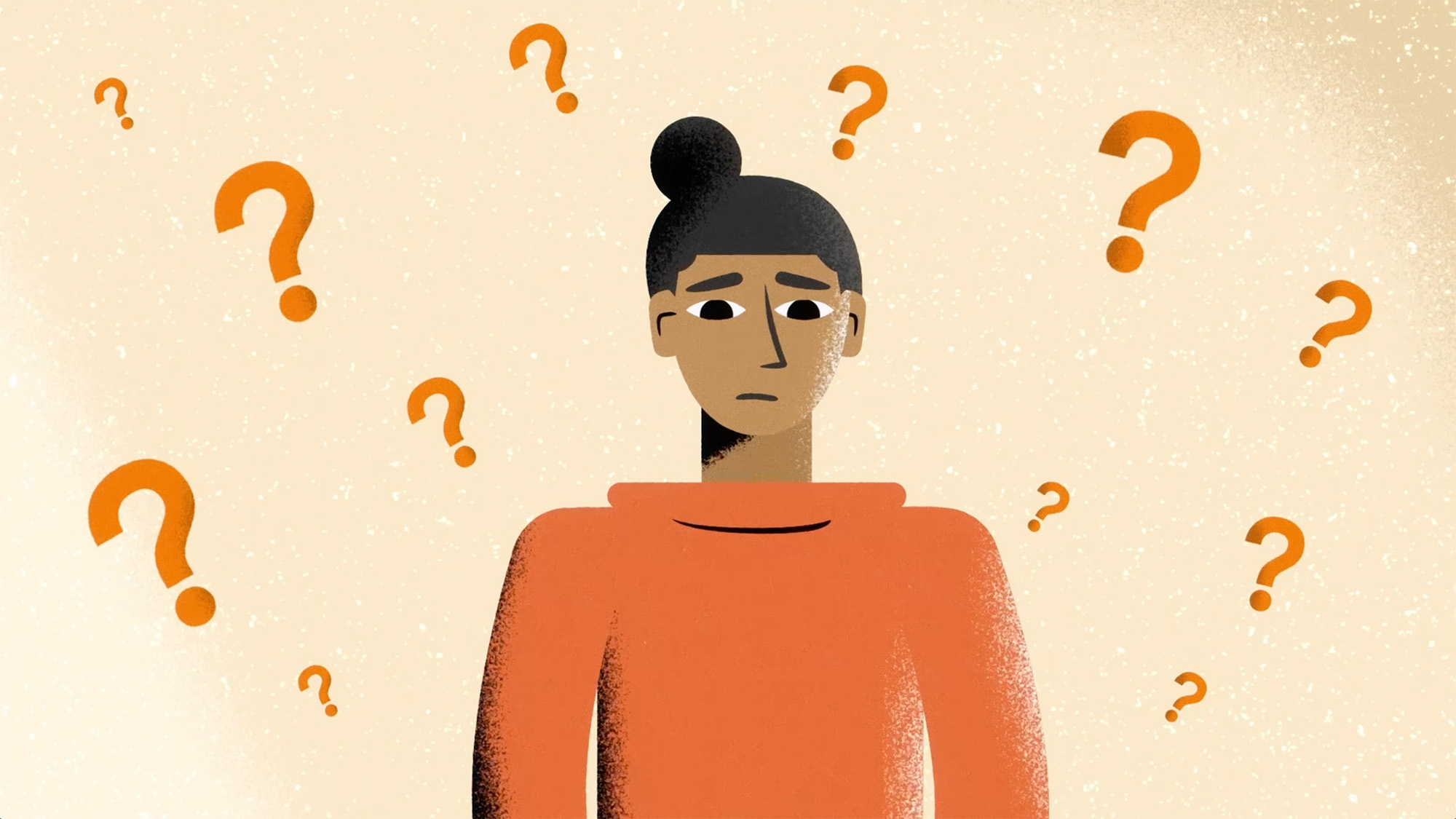 Illustration of a person with a bun surrounded by orange question marks on a beige background