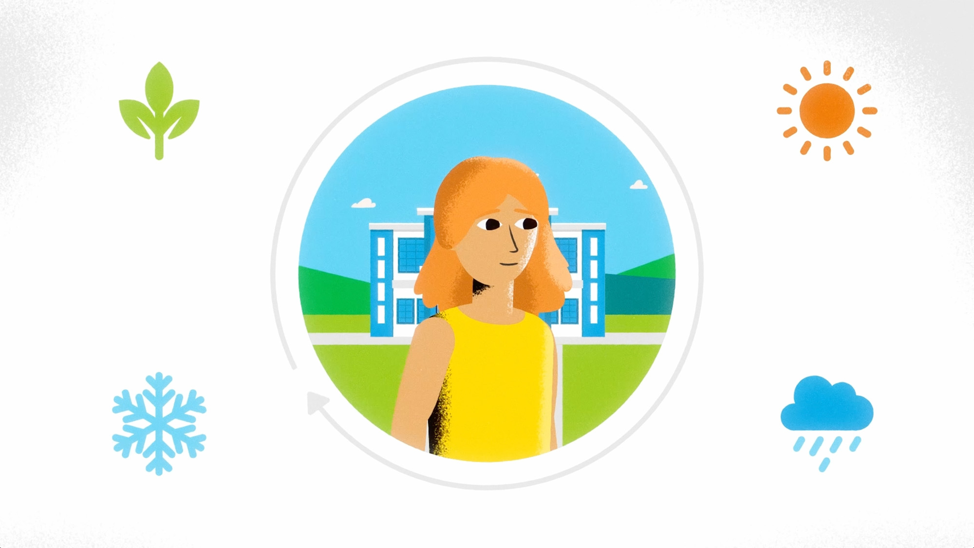 Stylised illustration of a person standing outdoors in front of a modern building with hills and sky
