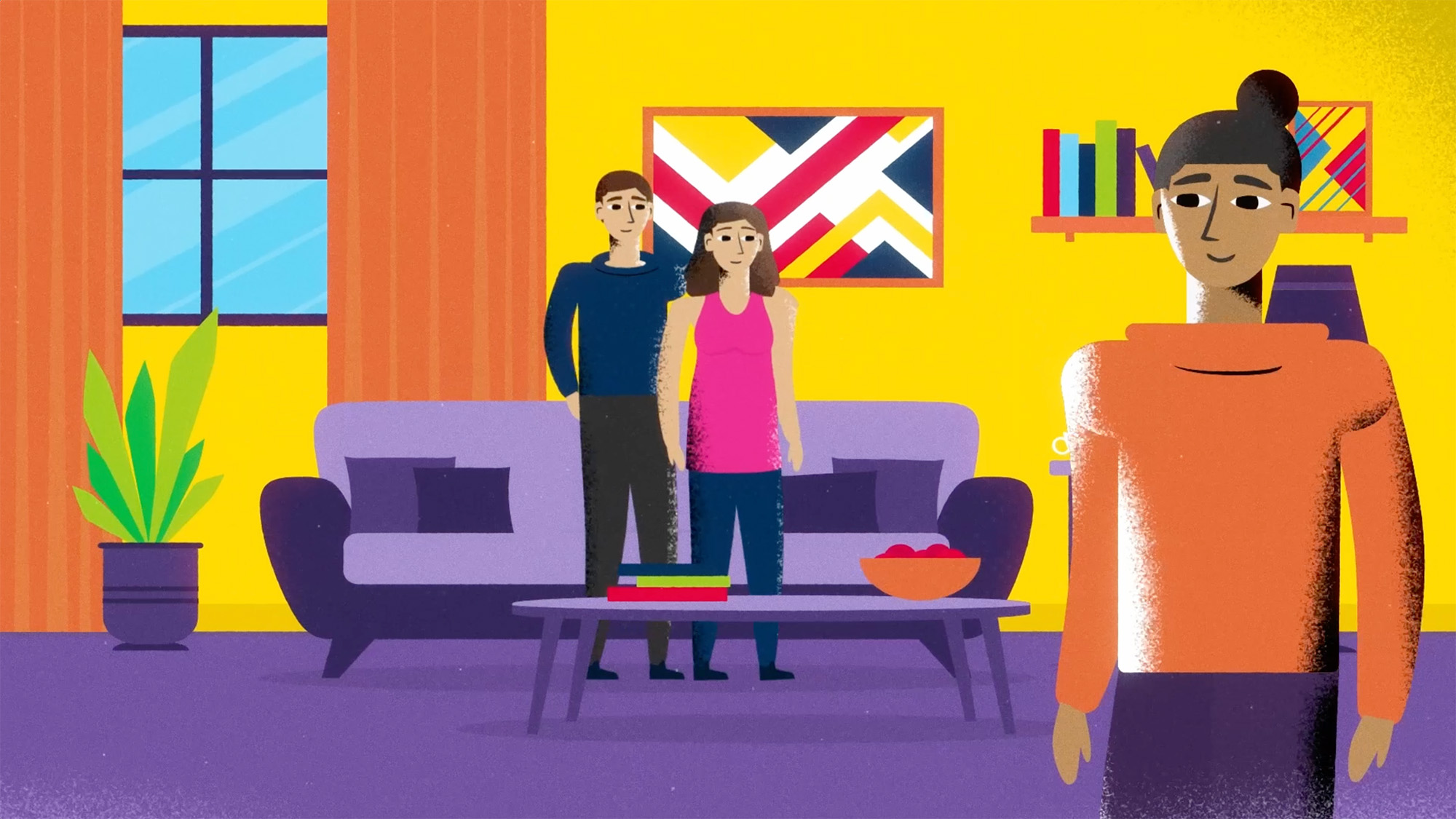 Illustrated living room scene with three people talking near a purple sofa and bright yellow wall